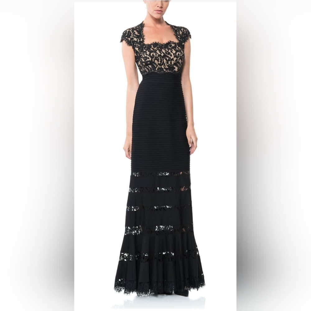 Tadashi Lace and Pintuck Jersey Gown ACZ1180LZ-BK/ND